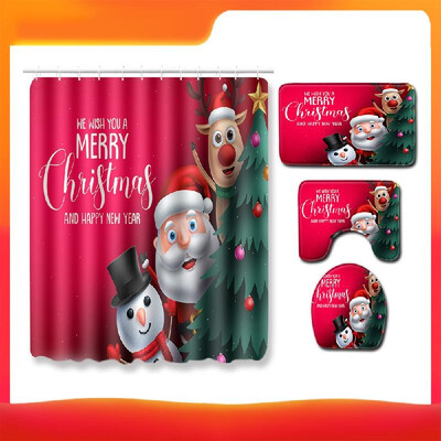 

4PcsSet Christmas Style Santa Claus Printed Pattern Water-resistant Shower Curtain Pedestal Rug Lid Toilet Cover Mat Non-slip Bat
