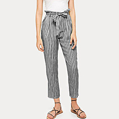 

Women High Waist Pants Women Bowtie Elastic Waist Stripe Casual Pants