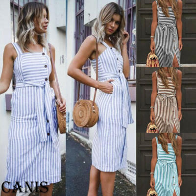 

UK Womens Holiday Strappy Button Pocket Ladies Summer Beach Midi Swing Sun Dress