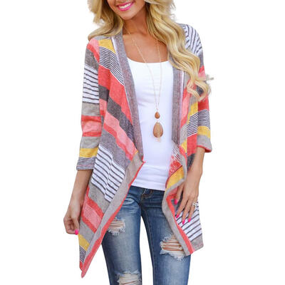 

Women Three Quarter Sleeve Irregular Striped Stitching Autumn Cardigan Coat