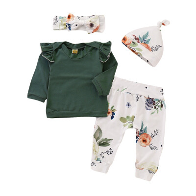 

4Pcs Baby Girl Clothes Set Floral Pattern Outfits Sets Infant Cotton Long Sleeve T-shirt Trousers Headband Hats Fashion