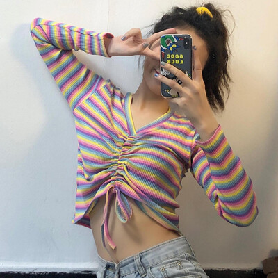 

Sweater Women New Autumn Drawstring V-Neck Rainbow Ruched Knitted Pullover Female Sweaters Knit Jumper Pullovers