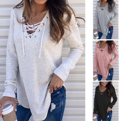 

Spot autumn&winter new European&American Amazon explosion models solid color V-neck tied bandwidth loose shirt T-shirt OM8
