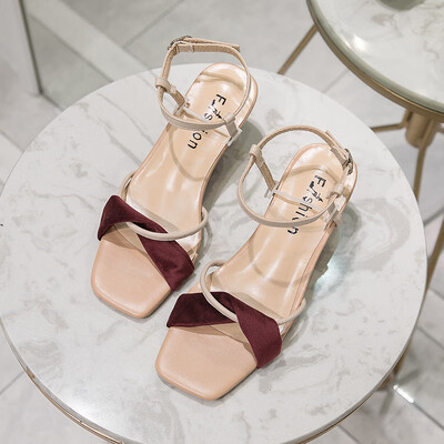 

Retro color contrast with square head with a single-buckled simple sandal Xia new piece thick heel high heel OL womens shoe