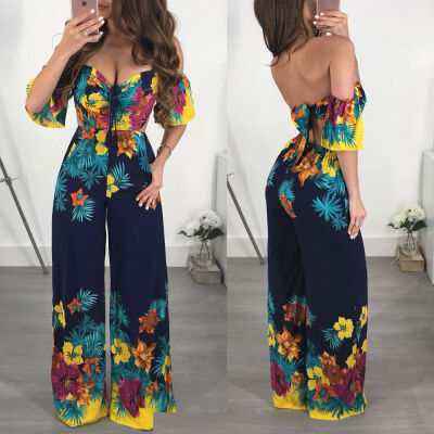 

Ladies Off Shoulder Loose Floral Clubwear V-neck Playsuit Bodysuit Evening Party Cocktail Wide Leg Jumpsuit Romper Trousers