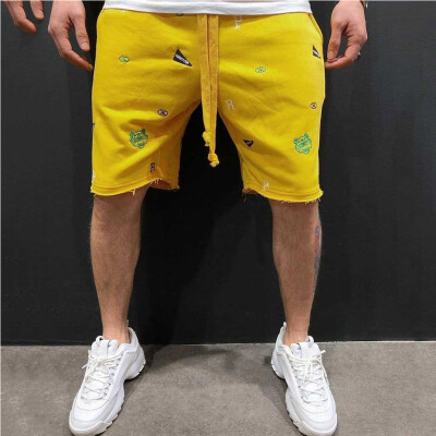 

Gobestart Fashion Men Summer Casual Embroidery Sport Elastic Waist Short Pants Trousers