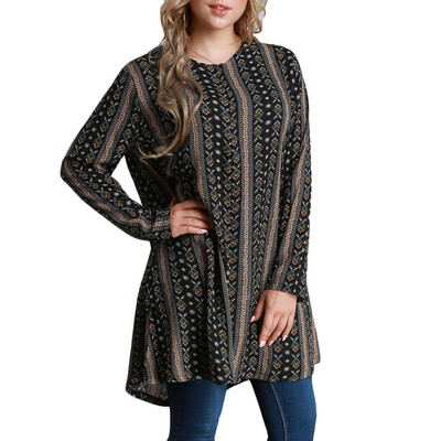 

Autumn Women Plus Size Long Loose Blouse Special Print O-Neck Long Sleeves Vintage Pullover Top
