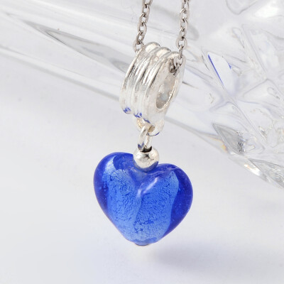 

Heart Handmade Silver Foil Lampwork European Dangle Beads with Silver Tone Alloy Findings&Iron Spacer Beads Blue 28x12mm