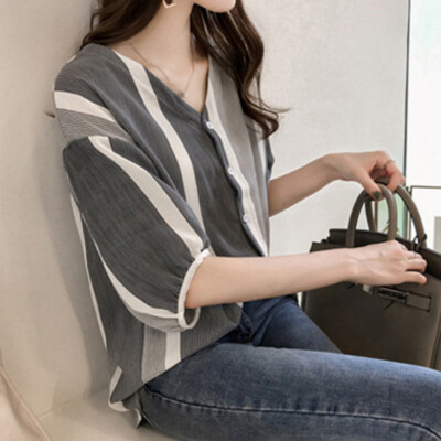 

Womens Casual Striped Shirts Loose Bat Sleeve Tops Button-Down Blouses Tunic