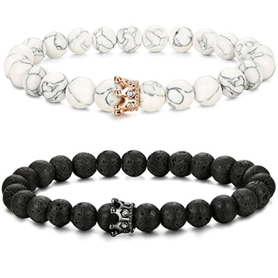 

2 PCS Luxury Crown Natural Stone Couple Bracelet Matte Black Charm Copper Agate Fashion Bracelets