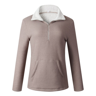 

Fashion Casual Turn -Down Collar Zipper Knitted Ladies Tops Autumn Winter Pocket Solid Long Sleeve Women T-shirt