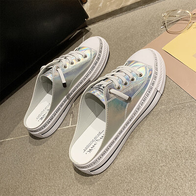 

Net red half slippers womens spring fashion wear 2019 summer Korean version of Joker flat leisure lazy Baotou white shoes