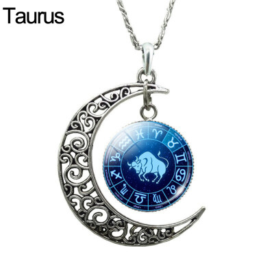 

Unisex Augury Jewelry 12 Constellations Hollow Crescent Moon Faux Gem Necklace