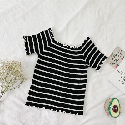 

Womens Slash Neck Striped Short Sleeve Knitted Ruffles T-Shirt