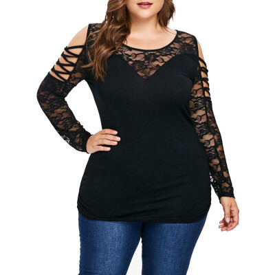 

Roseonmyhand Fashion Womens Plus Size old Shoulder Lattice Lace Sleeve Tee O-Neck T-shirt Top