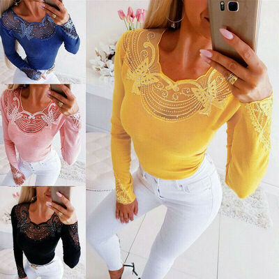 

Womens Sexy Lace Sequins Blouse V Neck T-Shirt Long Sleeve Slim Fit Tops