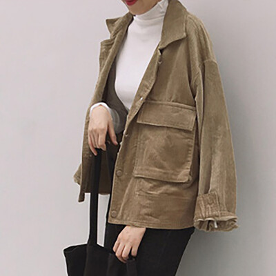 

Women Spring Autumn Lapel Long-Sleeved Solid Color Coat Loose Casual Pocket Corduroy Jacket