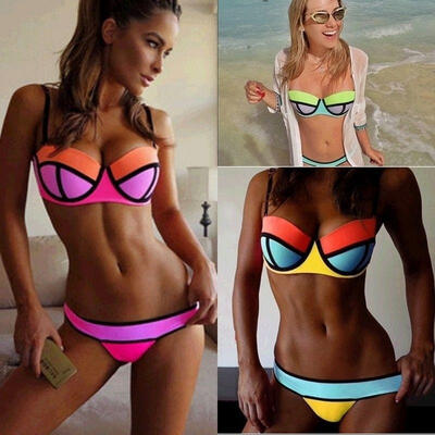

2015 Sexy Women Neoprene Mesh Swimsuit Bandage Triangle Bikini Push-Up Swimwear