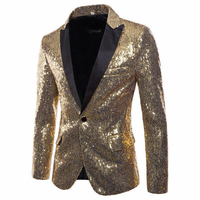 

Men V-neck One Button Blazer Suit Party Wedding Glitter Sequin Shiny Coat Jacket