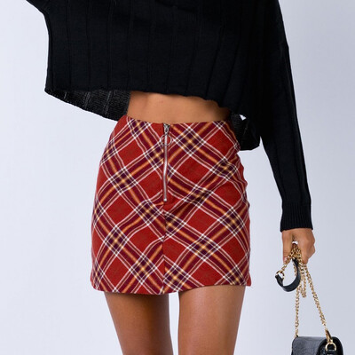 

Roseonmyhand Womens Sexy Party Plaid Zipper Wooden Ear Slim High Waist Hip Short Mini Skirt