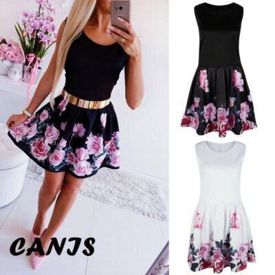 

US Women Dress Vintage Boho Maxi Evening Party Beach Mini Dress Floral Sundress