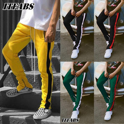 

Fashion Mens Ribbon Vintage Track Pants Elastic Joggers Side Stripes Long Trousers Hot