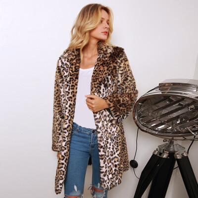 

Ladies Long Sleeve Lapel Collar Jacket Animal Print Faux Fur Coat Winter Sweater