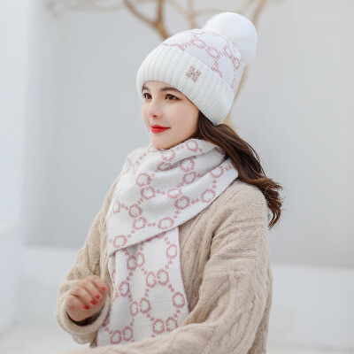 

In autumn&winter simple fur ball hat ladies set knitted scarf two-piece fashion warm&cold-proof head cap