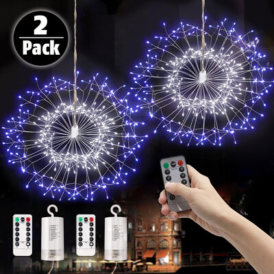 

LAMHO 2 Pack Firework Lights 150 LED Fairy String Lights Battery Operated Hanging Starburst Light 8 Modes Dimmable with Remote