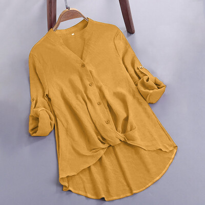 

Starmoon Women Cotton linen Casual Solid Long Short Sleeve T Shirt Blouse Button Down Top