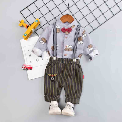 

Toddler Newborn Boy Autumn Outfits Long Sleeve Animal Print TopStrap Striped Trousers Casual Sets