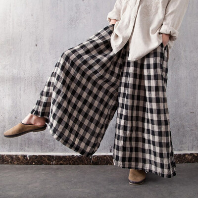 

Women Plus Size Plaid Pocket Wide Leg Pants Cotton Linen Trousers Long Pants