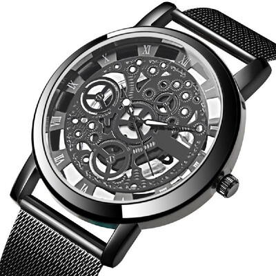

Fashion Metal Mesh Band Watch Men Vintage Hollow Quartz Watch Round Dial Wrist Watch