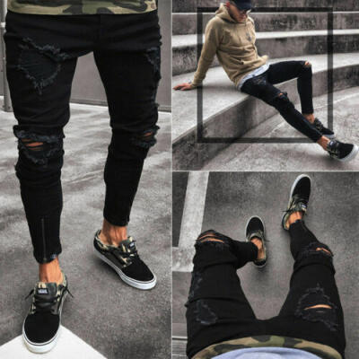 

Men Ripped Jeans Super Skinny Slim Fit Denim Pants Destroyed Frayed Trousers