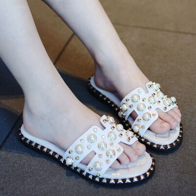 

New Children Pearl Beading Embellished Decorative Home Soft Slippers Summer Outdoor Beach Sandals Slippers