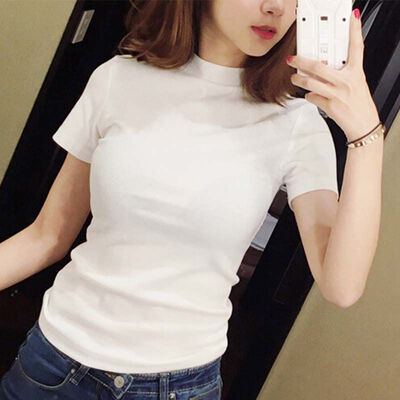

Women Summer Half High Collar Tshirt Solid Color Loose Short Sleeve Tee T Shirts Tops Casual T-Shirt Simple Wild Tops
