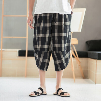 

Gobestart Mens Fashion Loose Summer Casual Plaid Cotton Linen 34 Pants Trousers