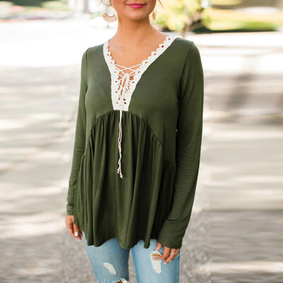 

Nomeni Women Lace V-neck Casual Long Sleeve Ladies Top Blouse Autumn Loose T-Shirt