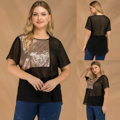 

Roseonmyhand Womens Fashion Casual Plus Size Short Sleeve Pacthwork O-Neck Tops Shirt