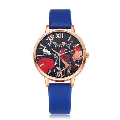 

Luxury Women Watches Red Rose Pattern Dial Ladies Quartz Wristwatch Simple Leather Strap Clock Casual Dress Relogio Feminino