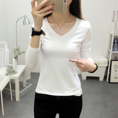 

Women V Neck Long Sleeve Basic T-shirt Casual Slim Fit Blouse Bottoming Shirt
