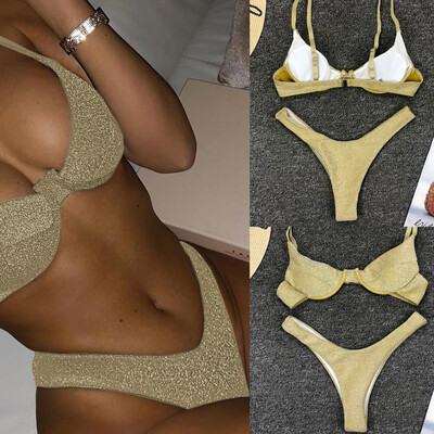 

Roseonmyhand Women Sexy Swimsuit Silver Silk Bikini Set Beachwear