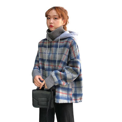 

Fashion Women Long Sleeve High Collar Preppy Style Plaid Fleece Hoodie Coat