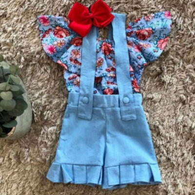 

US 2PCS Kids Baby Girl Clothes Floral Off-Shoulder TopsBib Shorts Outfit Summer