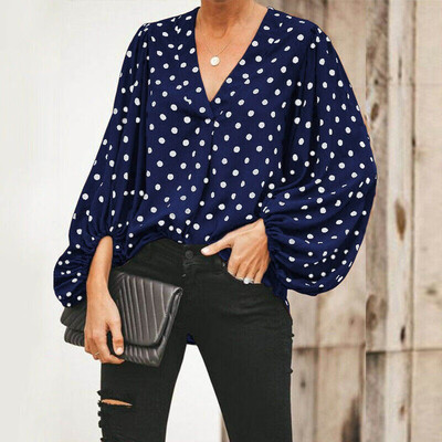 

3 Colors Women Fall Polka Dot V-neck Lantern Sleeve Shirt Ladies Casual Loose Shirts
