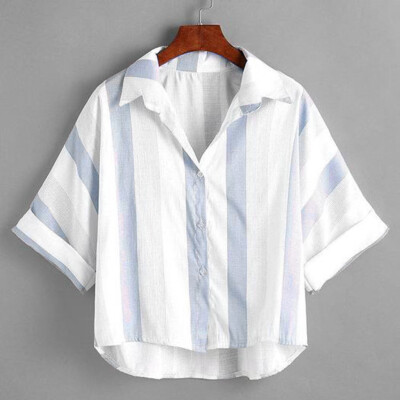 

Starmoon Women Cotton Linen Striped Short Sleeve Turn-down Collar Blouse Top