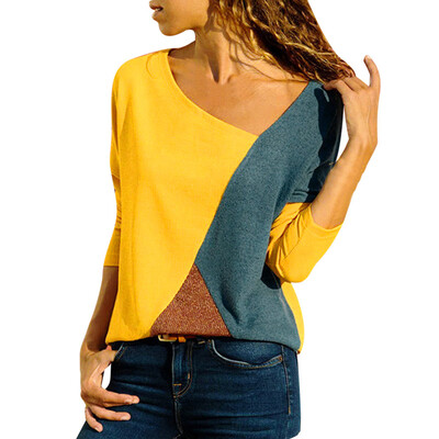 

Nomeni Women O-Neck Splicing Color Collision Long Sleeves Plus Size Easy Tops Blouse