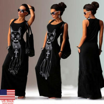 

US Women Summer Cat Print Bohemian Dresses Sundresses Beach Dress Maxi Dress New