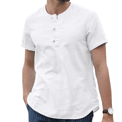 

New Men Fashion Short Sleeve Linen T-Shirt Casual Solid Color Male Retro T-Shirt Blouse Top
