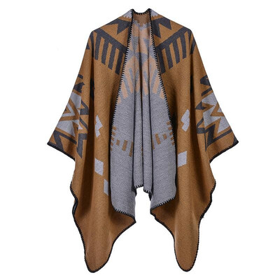 

Vintage Women Knitted Shawl Poncho Faux Cashmere Geometric Open Front Autumn Winter Warm Cape